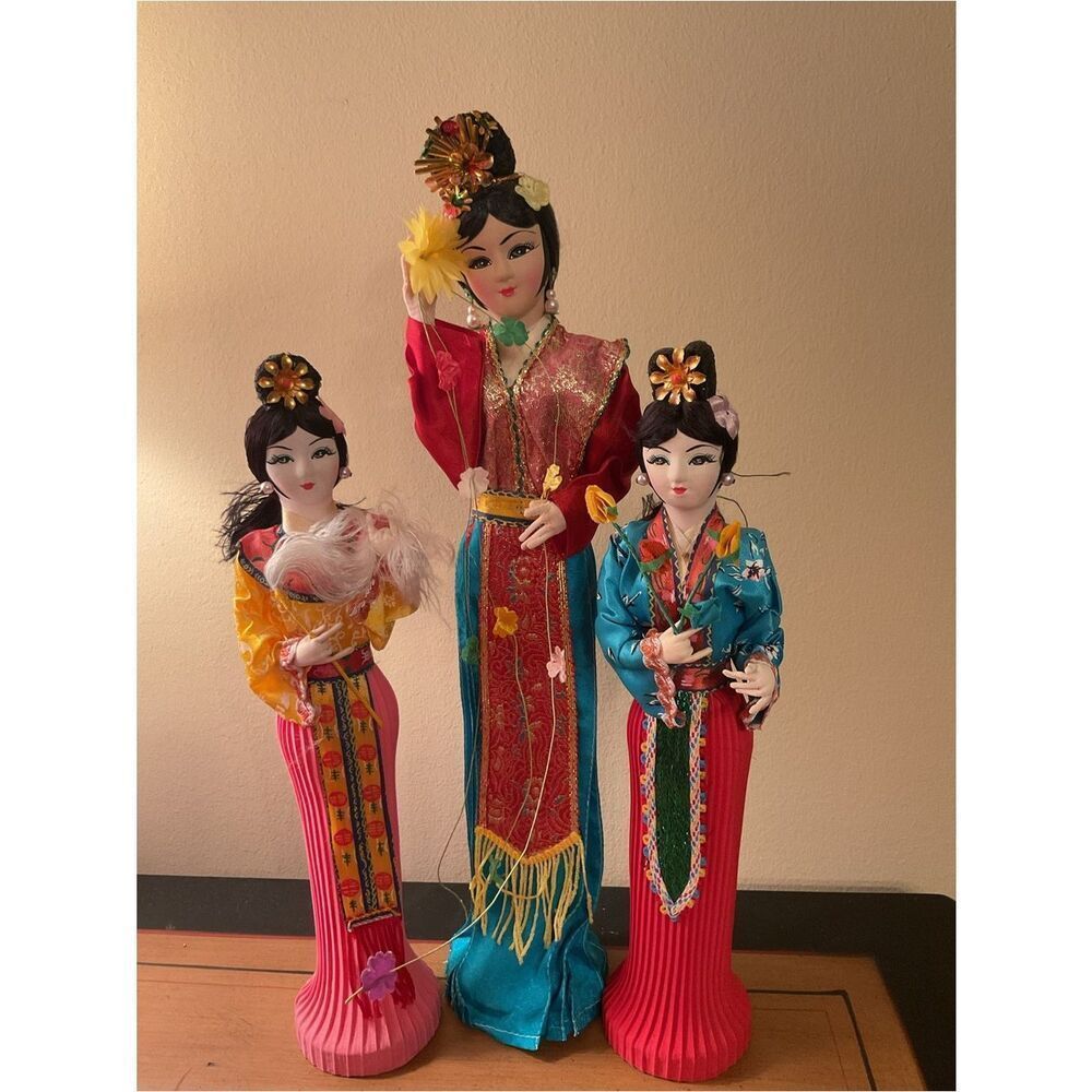 Set of Three Decorative Asian Lady Dolls - Red, Teal, Pink